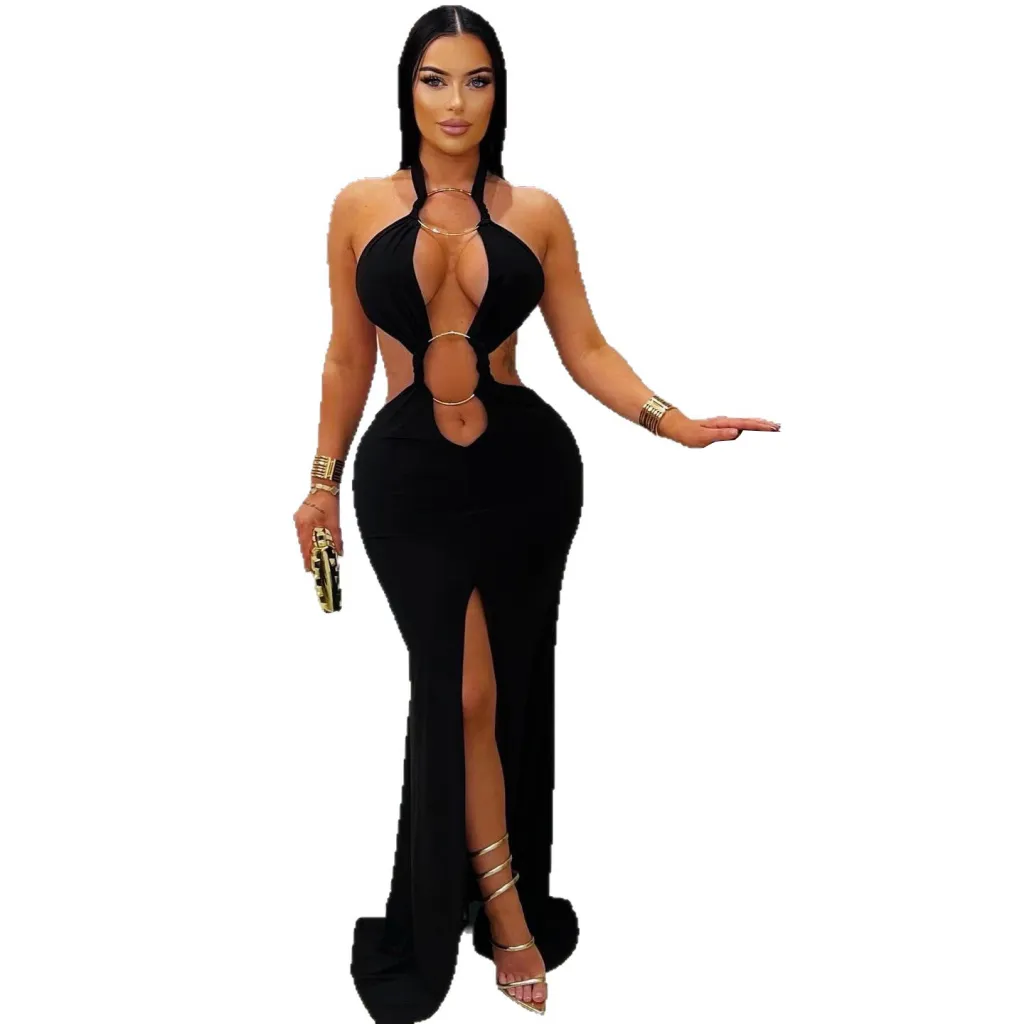 Halter Cut Out Fishtail Slit Dress - Black