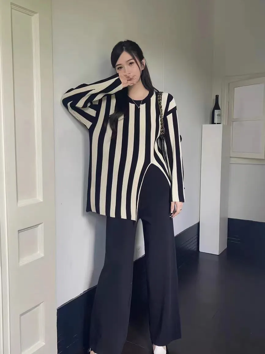 Vertical Stripes Crew Neck Split Knitwear Top High Waist Wide Leg Trousers Fashion Two-piece Suit - Black