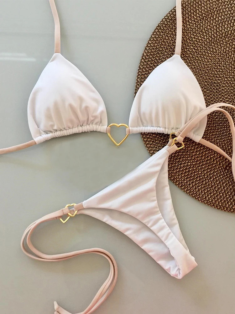 Title 2, New Solid Color White Bikini Suit Low Waist Lac...