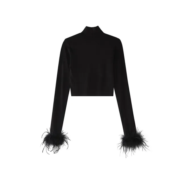 Short Autumn And Winter Navel Feather Turtleneck Long Sleeve Black - Shop at LoveMi