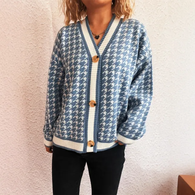 Stitching Plaid Knitted Women's Sweater Blue - Shop at LoveMi