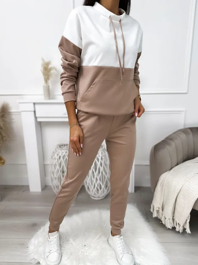 Drawstring Semi high Neck Color Block Sporty Sweatshirt Apricot - Shop at LoveMi