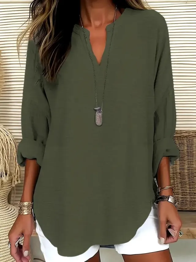Women's V neck Drop shoulder Long sleeve T shirt Green - Shop at LoveMi