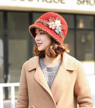 Autumn And Winter Women's Knitted Woolen Cap Warm Ear Protection Windproof Fleece Lining - Red