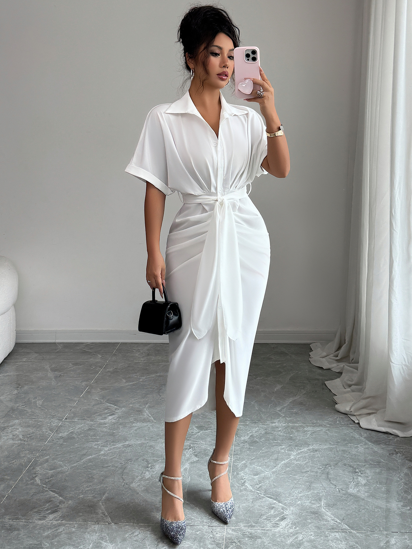 European And American Elegant Advanced Lace up Short sleeved Sheath Dress White - Shop at LoveMi