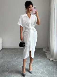 European And American Elegant Advanced Lace-up Short-sleeved Sheath Dress - White - View 1