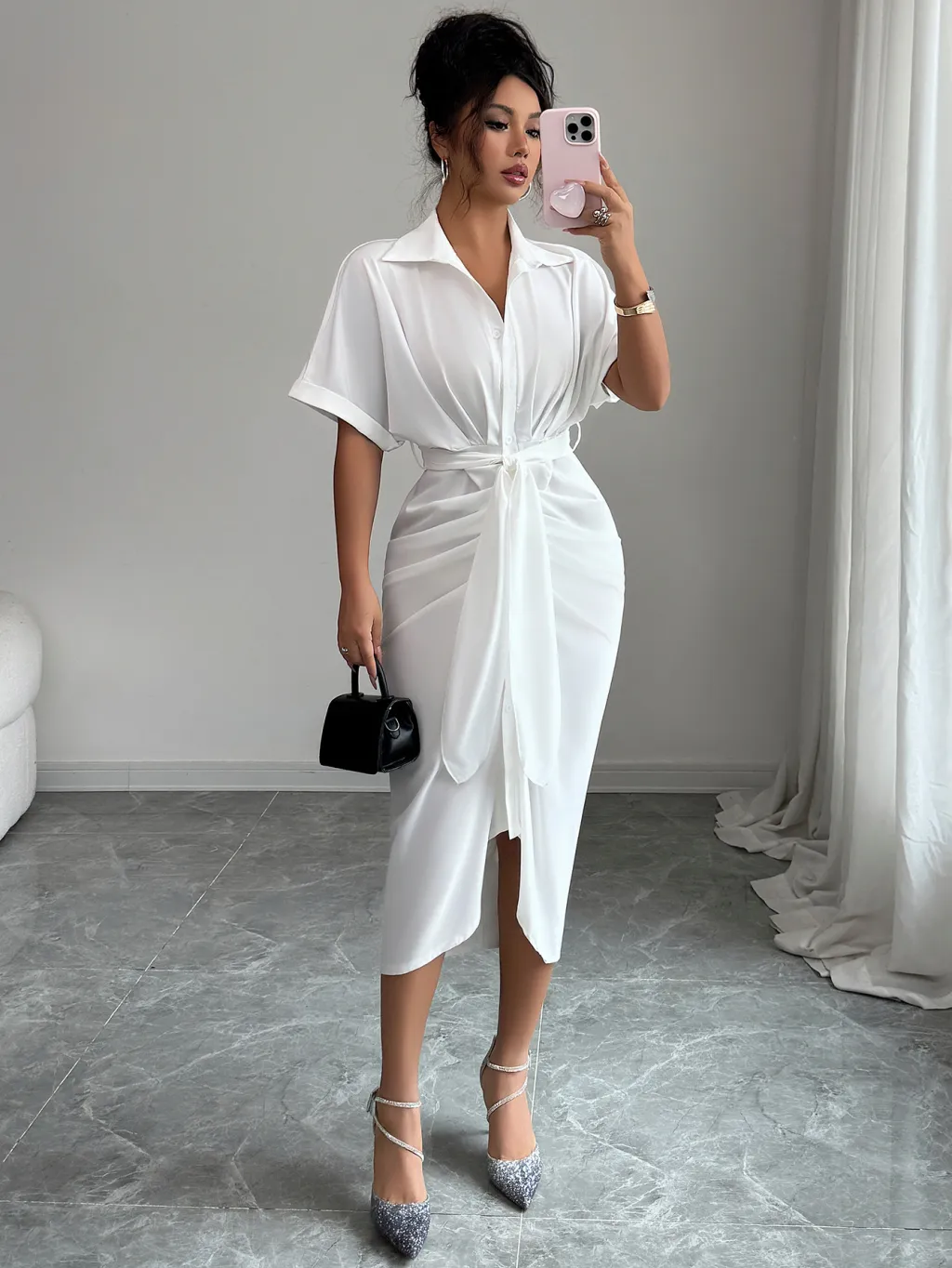 European And American Elegant Advanced Lace-up Short-sleeved Sheath Dress - White