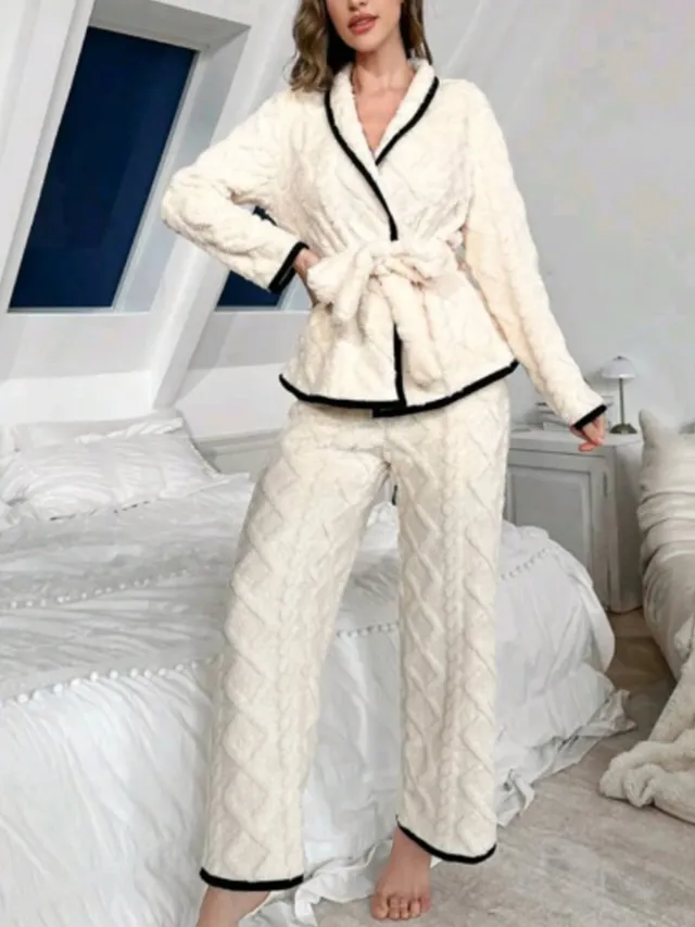 Sweet Cardigan Fleece lined Thickened Loungewear Warm Suit Can Be Worn Outside White - Shop at LoveMi