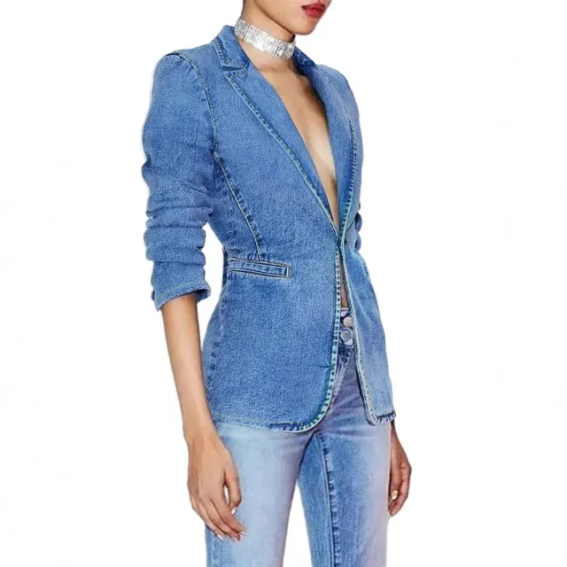 Slim fit And Slimming Solid color Denim Jacket With A Suit Collar Blue - Shop at LoveMi