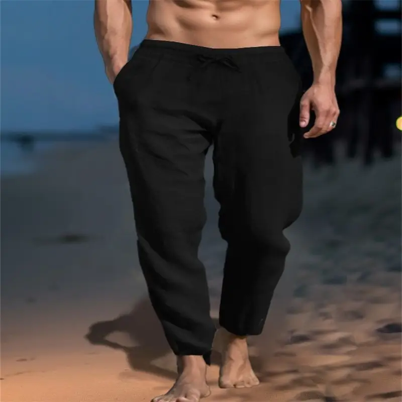 New Men's Solid Color Drawstring Cotton And Linen Loose Beach Casual Pants Slim