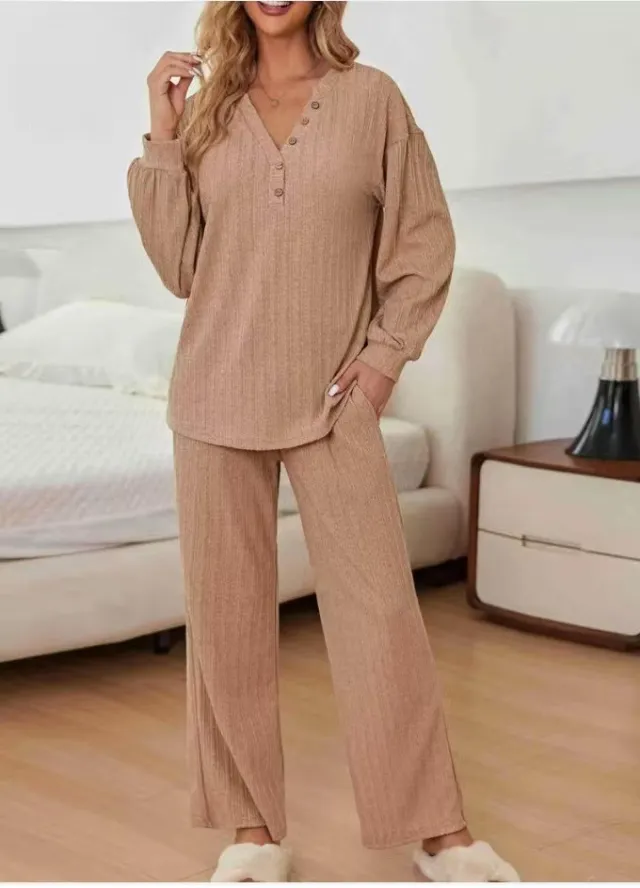 Casual Fashion Long Sleeve Thread Knitted Top Wide Leg Pants Suit Camel - Shop at LoveMi