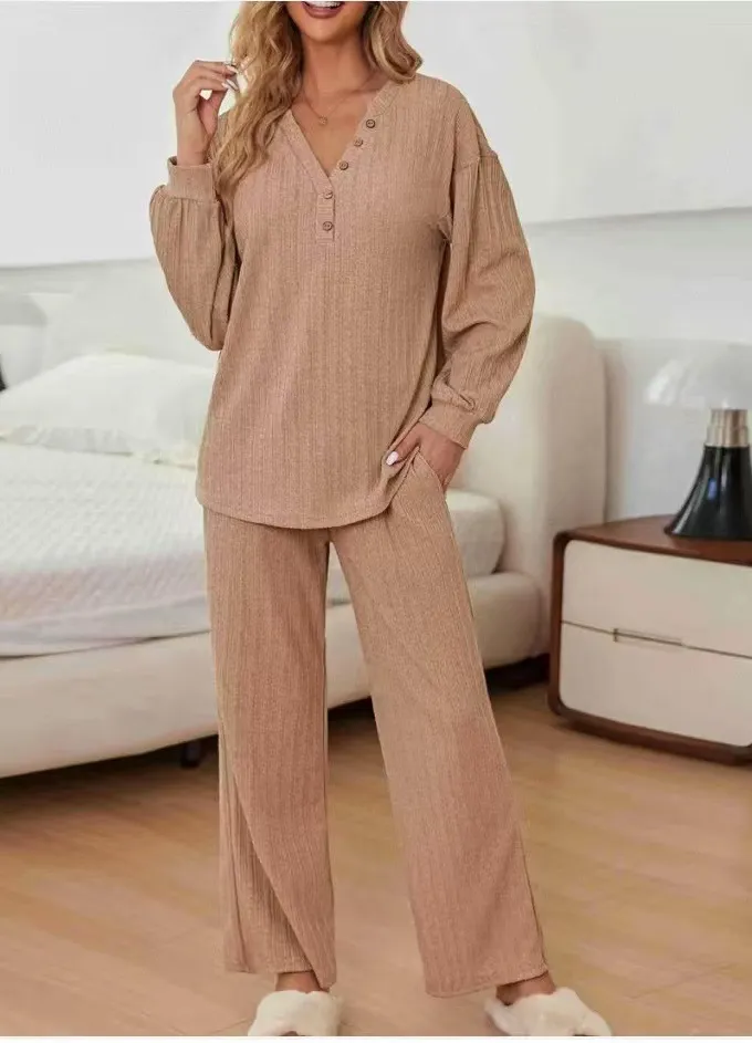 Casual Fashion Long Sleeve Thread Knitted Top Wide Leg Pants Suit - Camel