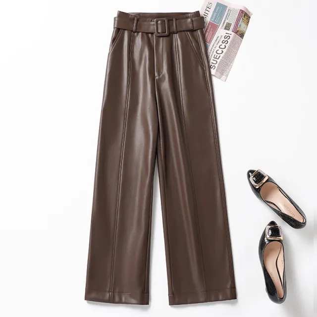 Womens Straight Leg Leather Pants High Waisted Fashionable Wide Leg Pants Chocolate 2Xl - Shop at LoveMi