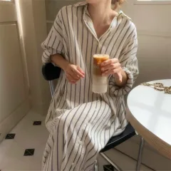 Striped Slimming Mid-length Drop-shoulder Sleeve Shirt Dress - Apricot - View 1