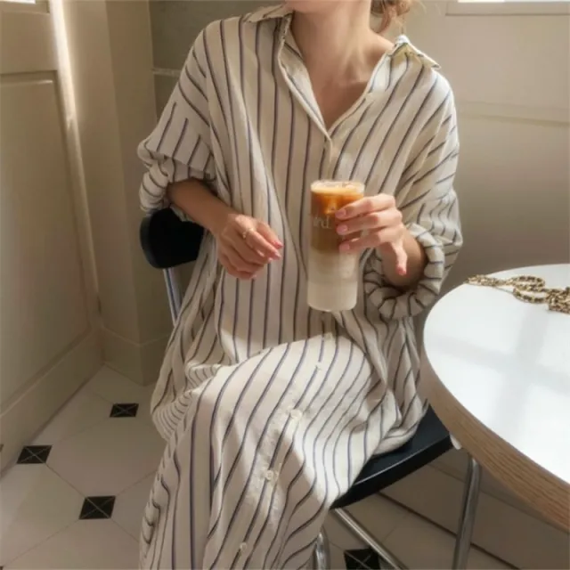 Striped Slimming Mid length Drop shoulder Sleeve Shirt Dress Apricot - Shop at LoveMi