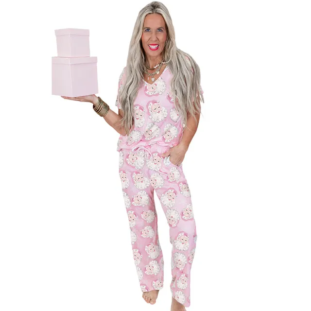Women's Fashion Christmas Printing Casual Loose Short Sleeves Suit Pink - Shop at LoveMi