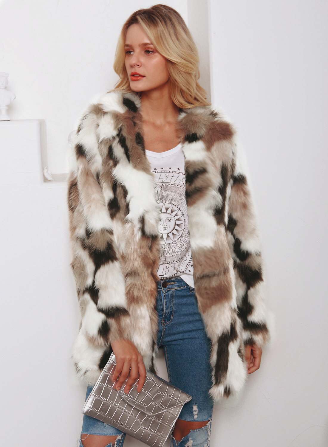 European And American Fashion Tailored Suit Collar Mixed Color Faux Fur Coat 14 European And American Fashion Tailored Suit Collar Mixed Color Faux Fur Coat