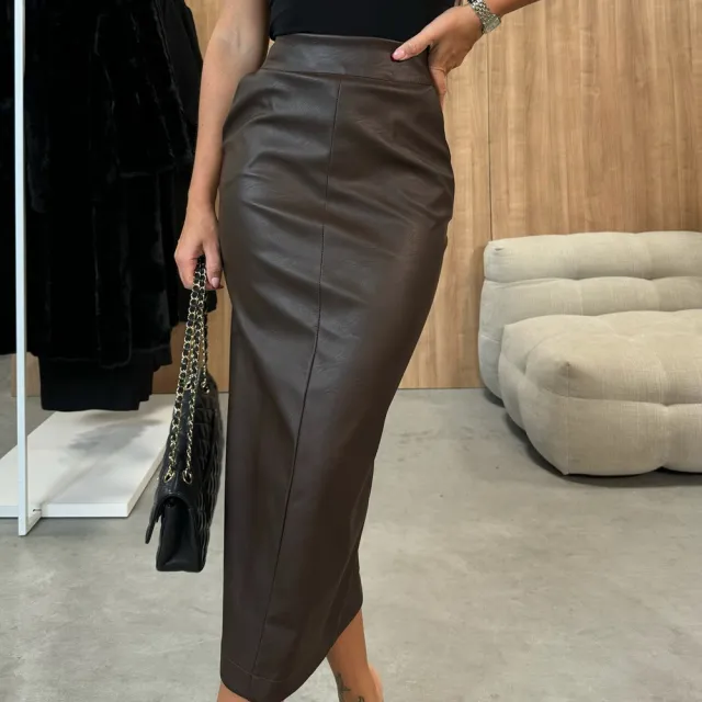 Womens Elegant High Waisted Slit Skirt Brown - Shop at LoveMi