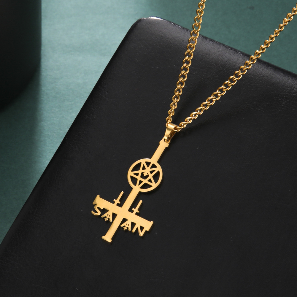 Men's Simplicity Inverted Cross Five-pointed Star Round Pendant Cross Necklace