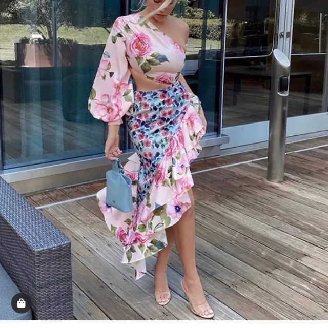 Women's Long Dress Asymmetric Tube Top Single Sleeve Waist tight Floral Stitching Flower Pink - Shop at LoveMi