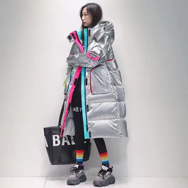 Loose Western Style Glossy Overknee Long Contrast Color Bread Coat Silver - Shop at LoveMi