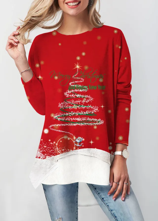 Christmas Autumn Women's Printed Round Neck Long Sleeve T shirt Top Element 1 - Shop at LoveMi