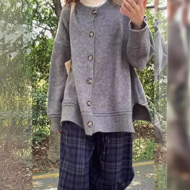 Japanese Lazy Style Round Neck Long Sleeve Sweater Coat Soft Glutinous Knitted Cardigan Gray - Shop at LoveMi