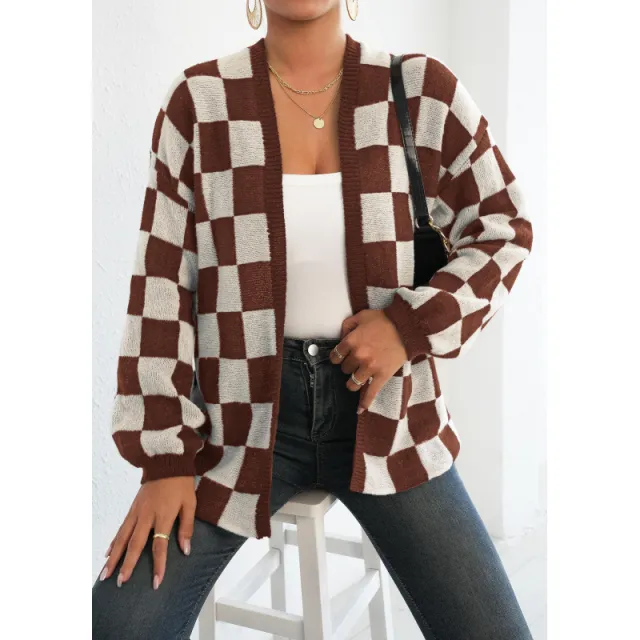 Woolen Chessboard Plaid Loose Casual Sweater Coat M682 Coffee White - Shop at LoveMi