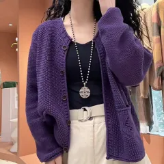 Women's Solid Color Round Neck Long Sleeve Knitted Sweater Coat - Purple - View 1