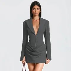 Pure Colour Deep V-neck Pleated Mini Waist-cinching Dress For Women - Grey - View 1