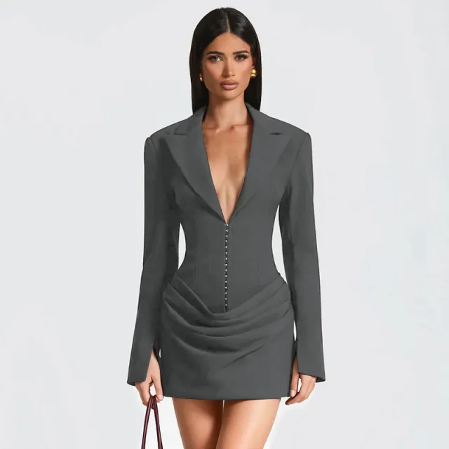 Pure Color Deep V neck Pleated Mini Waist cinching Dress For Women Gray - Shop at LoveMi