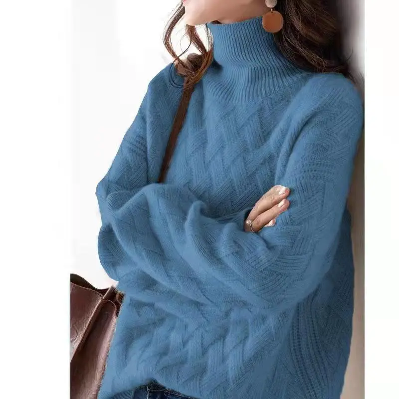 Women's Turtleneck Thread Warm Sweater Knitted Bottoming Shirt - Blue