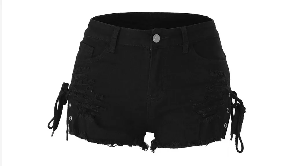 Casual Low Waist Stretch Ripped Washed-out Vintage Denim Shorts For Women - Black