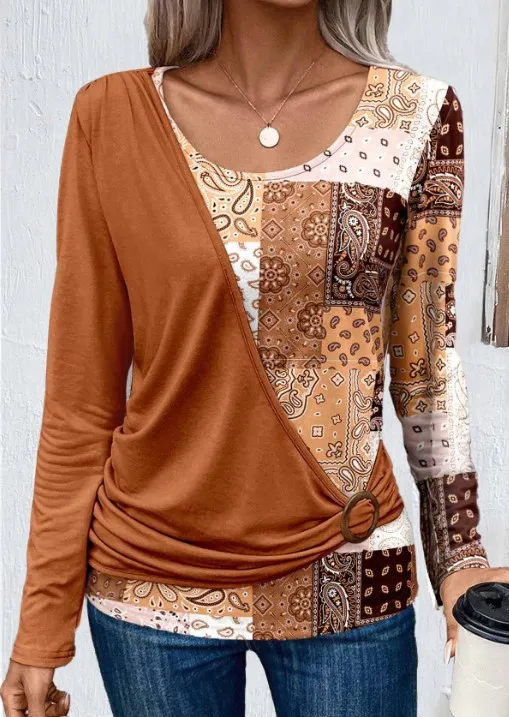 Printed Solid Color Stitching Casual Long Sleeve Shirt - Coral