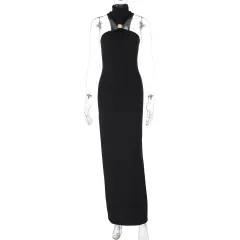 Slim Fit High Neck Sleeveless Slit Dress For Women - Black - View 1