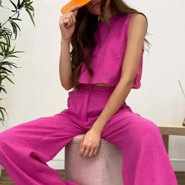 Solid Color Round Neck Sleeveless Vest Top And Trousers Red - Shop at LoveMi