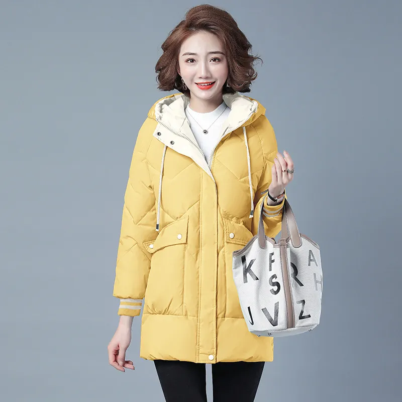 Female Mid-length Winter Clothing Loose Cotton Jacket Thickened Puffer Jacket - Yellow