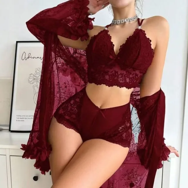 Womens Lace Pure Desire Style Cutout Backless Sleeveless Top And Pants Set Wine - Shop at LoveMi