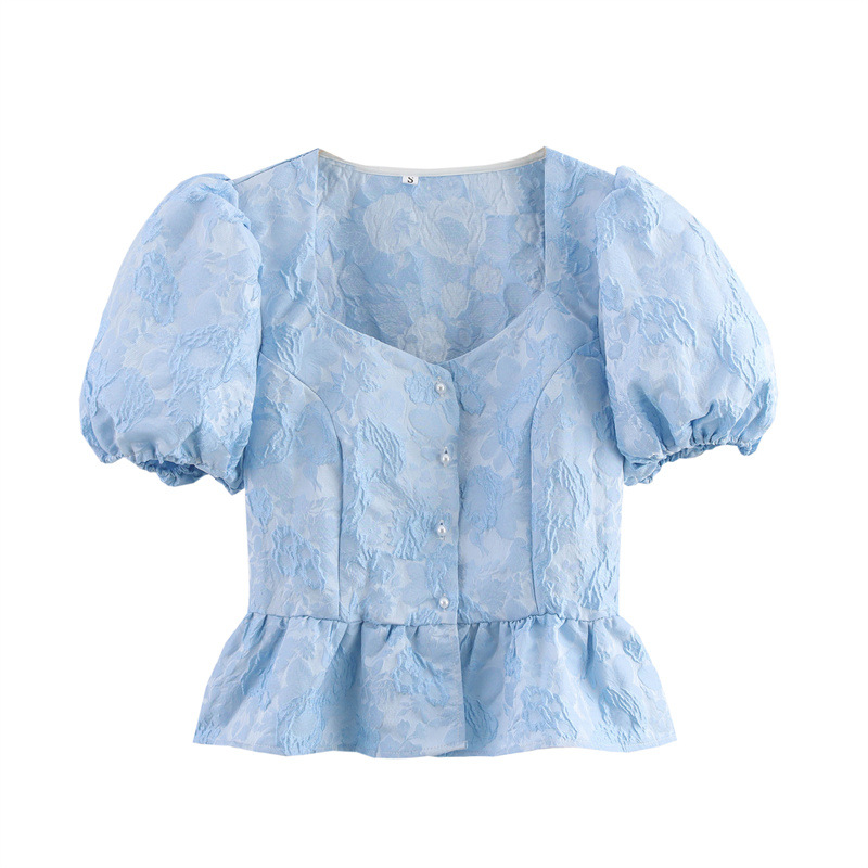 Floral Print Jacquard Puff Sleeve Ruffled Hem Shirt