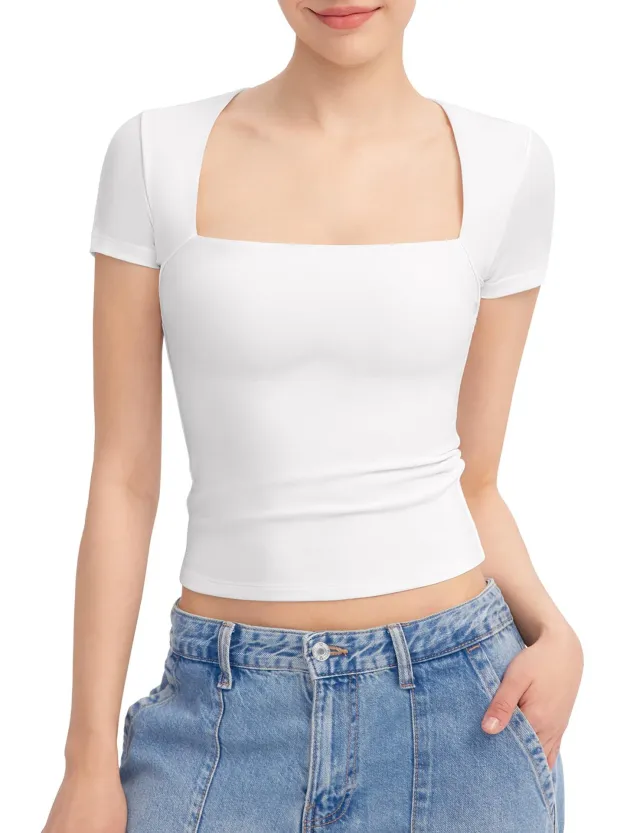 Summer Short sleeved Square Collar Low cut Women's T shirt Top White - Shop at LoveMi