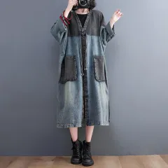 Women's Loose Long Sleeve Dress And Coat - Blue - View 1