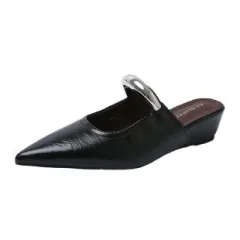Pointed Toe Slip-on Mule Sandals With Chunky Heels - Black - View 1