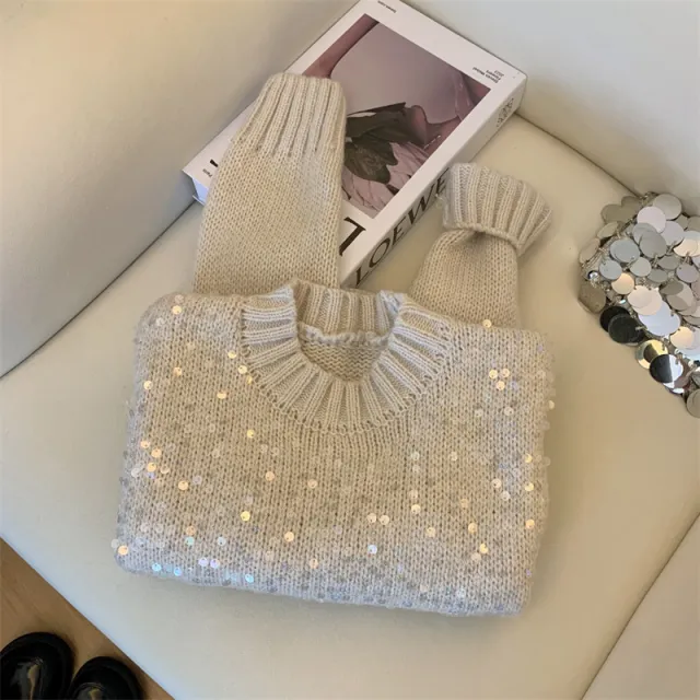 Autumn And Winter New Round Neck Heavy Embroidery Sequins Knitwear Top For Women Apricot - Shop at LoveMi