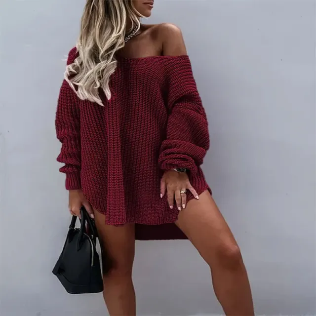 Mid length Off shoulder Solid color V neck Loose Sweater Red - Shop at LoveMi