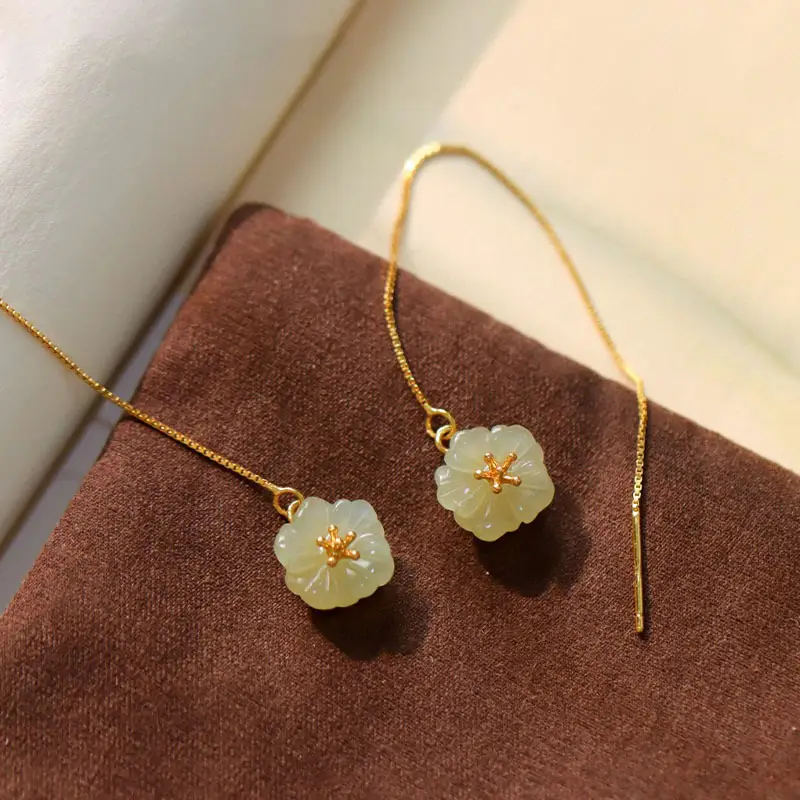 925 Gold And Silver Inlaid Natural Decorative Pattern Hetian Jade Earrings