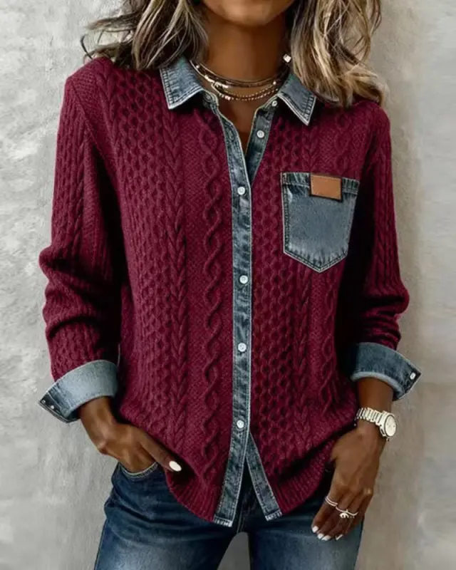 Stylish, Versatile Knitted Patchwork Denim Shirt For Women Wine - Shop at LoveMi