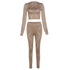 Women's Hollow-out Ripped High Waist Tight Pants Casual Sports Suit - Brown - View 1