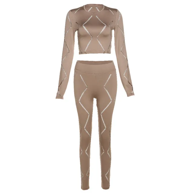 Women's Hollow out Ripped High Waist Tight Pants Casual Sports Suit Brown - Shop at LoveMi