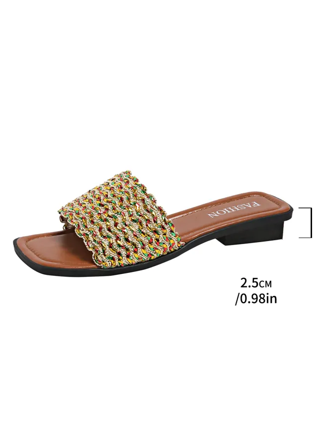 Plus Size Color Woven Slippers Female Square Toe Flat Apricot - Shop at LoveMi