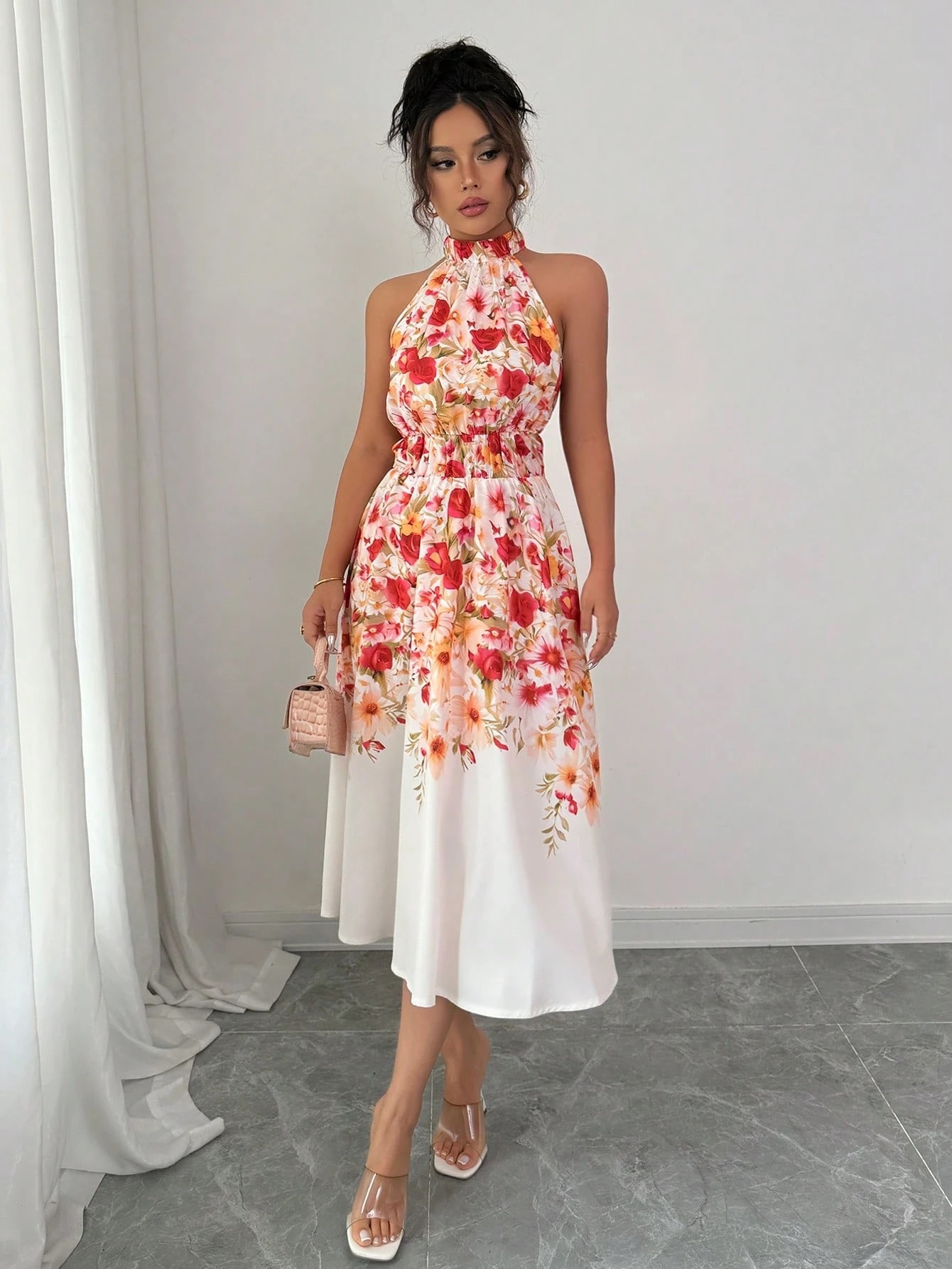 Small Floral Off shoulder Slim fit Midi Dress Floral Multi - Shop at LoveMi